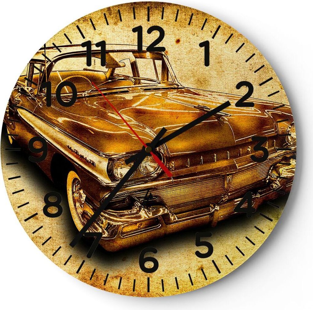 Wanduhr - Rund - Glasuhr - Auto klassisch Limousine Geschwindigkeit - 40x40cm - Schleichendes Uhrwerk - Lautlos - zum Aufhängen bereit - Dekoratio...