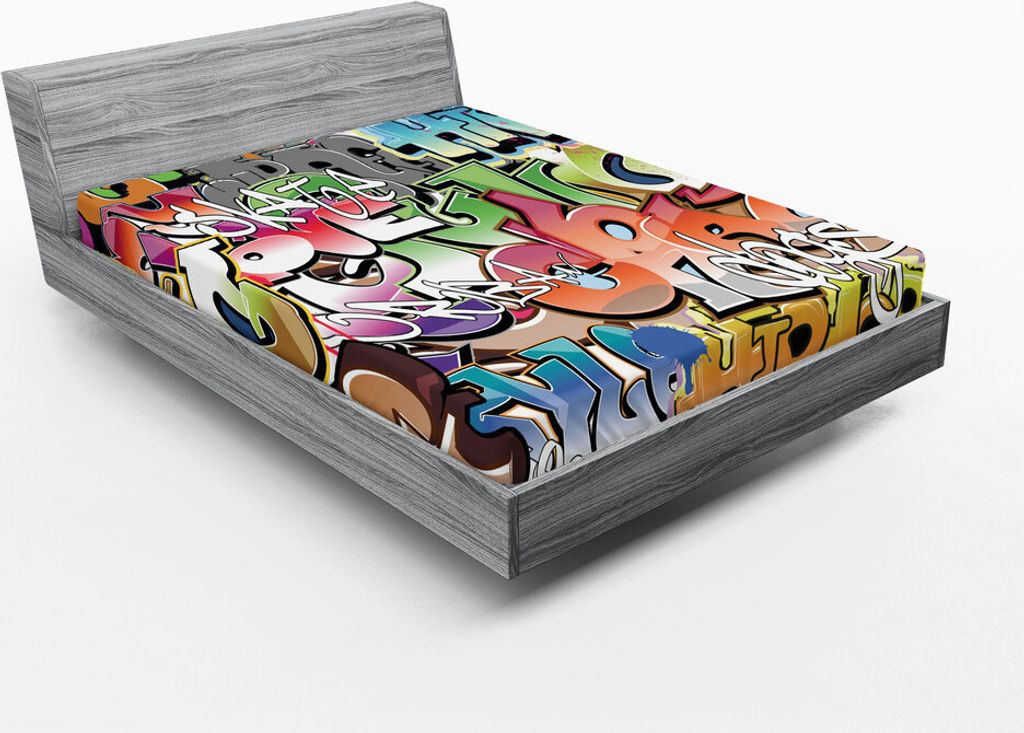 ABAKUHAUS urban Graffiti Spannbetttuch, Blockbuster-Art-Graffiti sprühten überschneidende blockige Buchstaben-Straßen-Kunst, 120 x 190 cm, Mehrf...