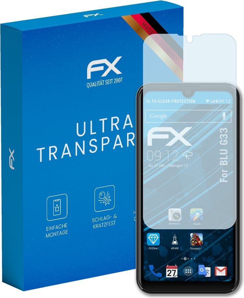 atFoliX FX-Clear 3x Schutzfolie kompatibel mit BLU G33 Displayschutzfolie