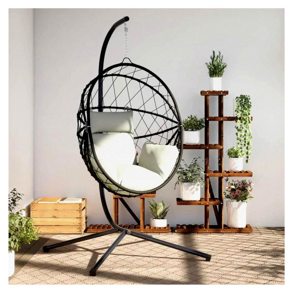 Hängesessel im Ei-Design mit Ständer in Beige aus Rattan und Stahl