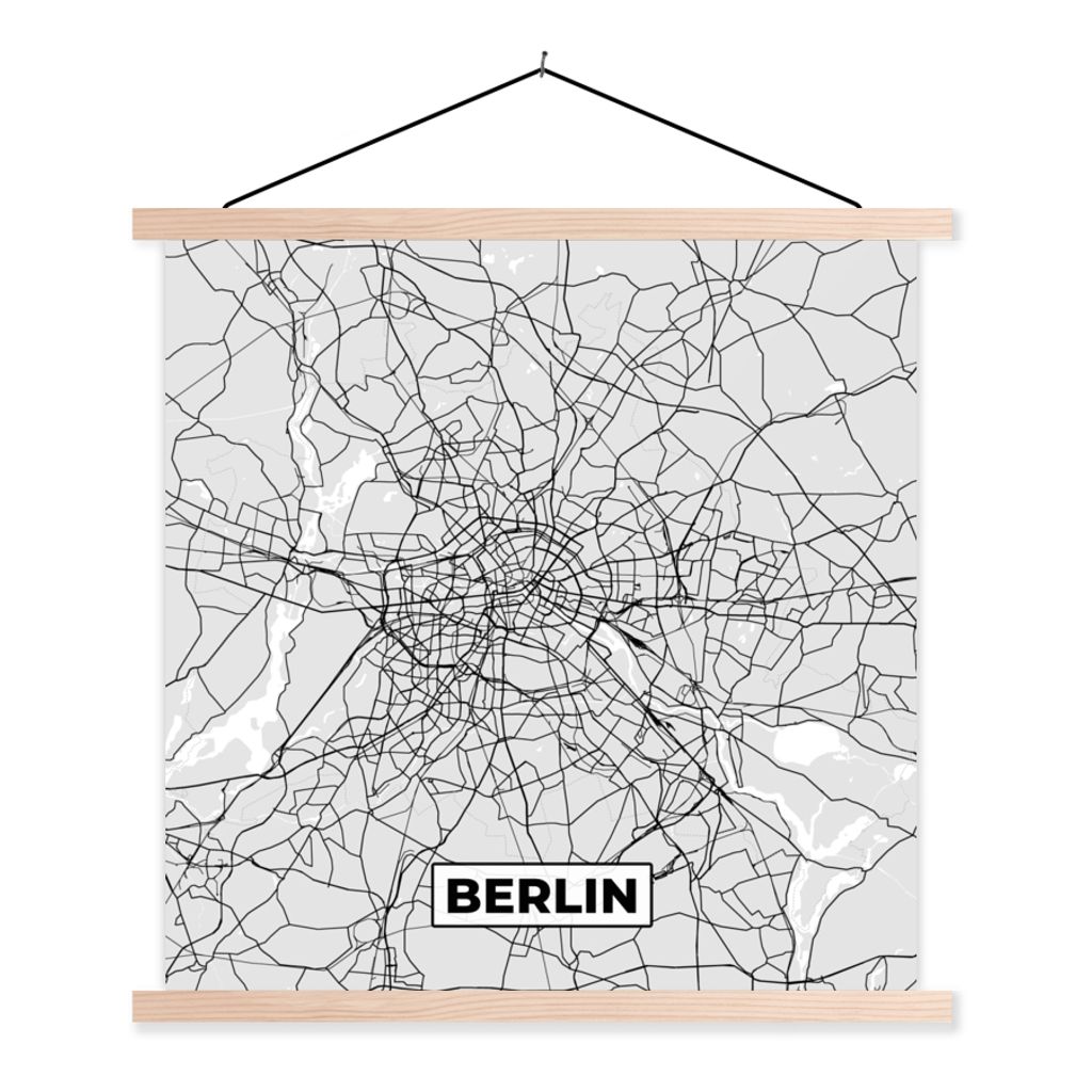 MuchoWow Textilposter Berlin - Karte - Deutschland - Stadtplan 60x60 cm mit holzfarbenen Rahmen - Wanddekoration