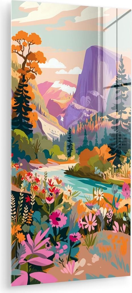 MuchoWow Glasbilder - Bilder auf Wandbild - Foto auf Glas Fluss - Tal voller Blumen - Lebendig 40x80 cm Wanddekoration aus Glas - Acrylglasbild - A...