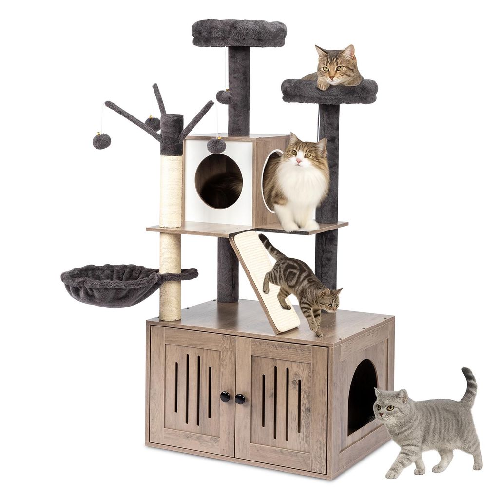 FCH Katzenbaum mit Katzenklo Schrank, 134,5 cm hoch, mit Liegemulde, Kratz Stämmen, Plüschbälle