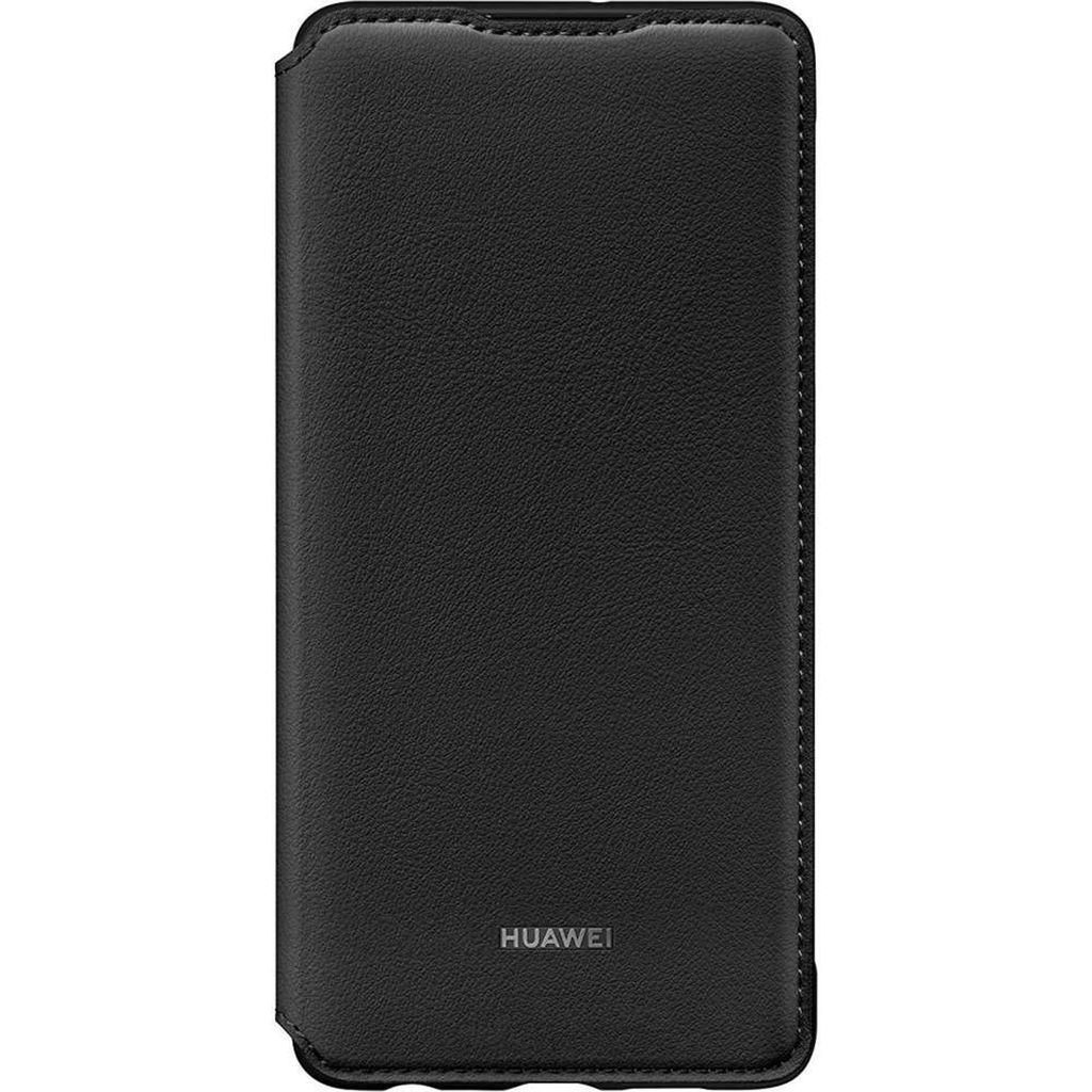 A black Huawei booktype case for a Huawei P30 phone, shown closed and lying flat against a white background.