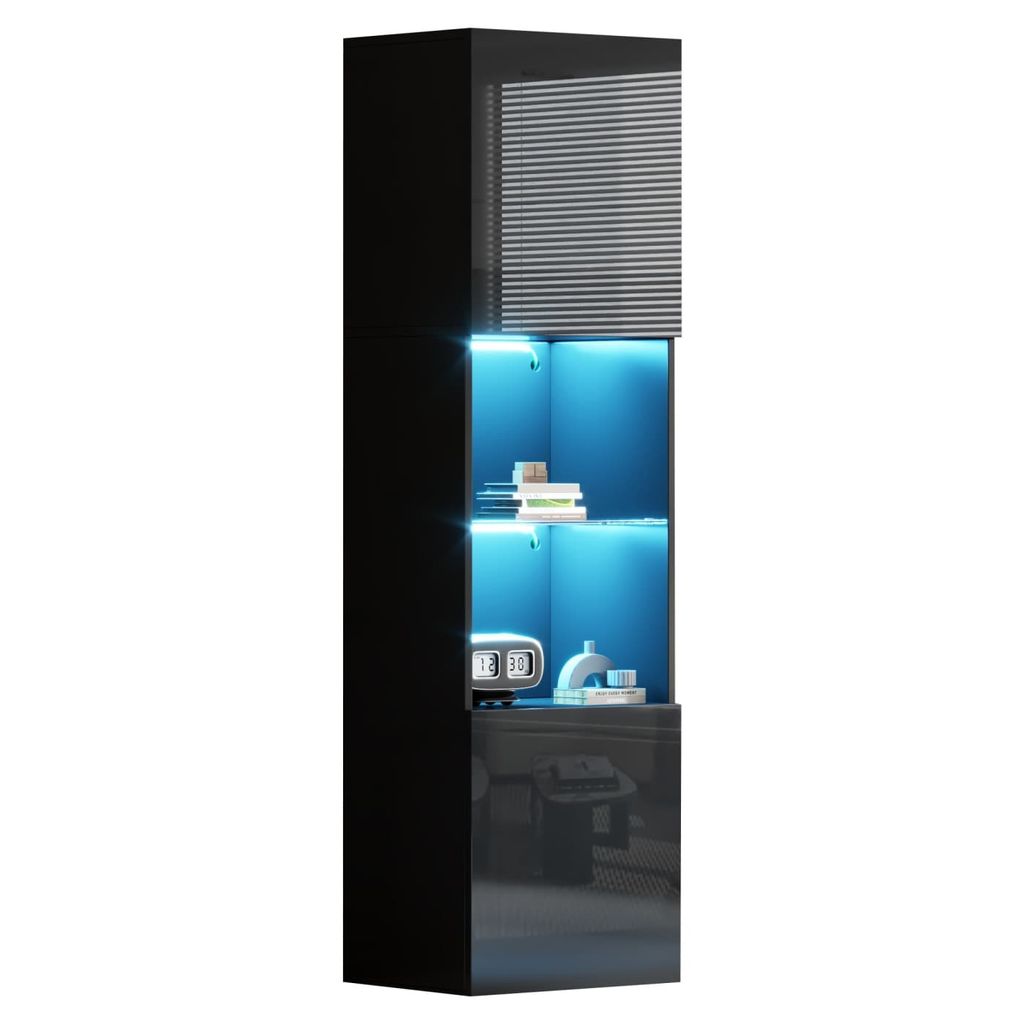 Hochglanzschwarze Vitrine mit LED-Beleuchtung, 1 Glasboden, 45*35*160 cm, Vitrine, freistehende Vitrine, Hochschrank, Lagerschrank