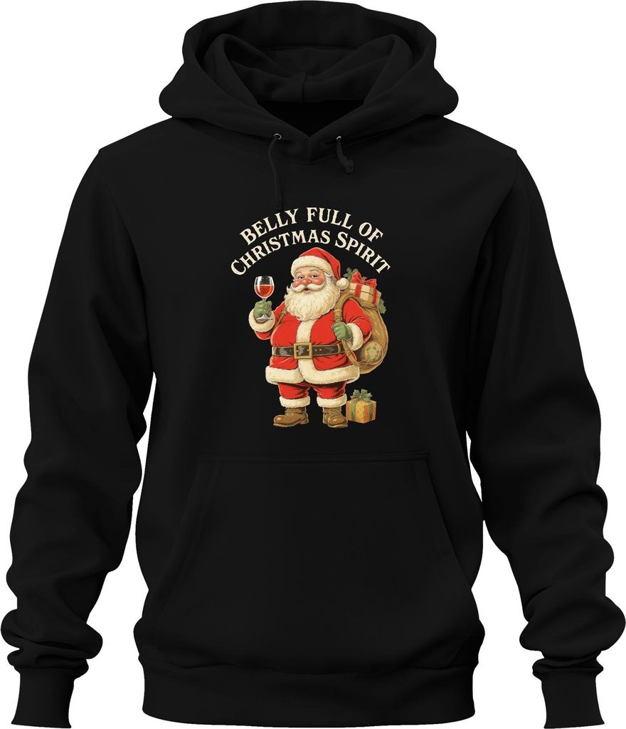 Belly Full Of Christmas Spirit Weihnachtsmann Santa Wein Lustig Uni Hoodie Kapuzenpullover, Schwarz, L