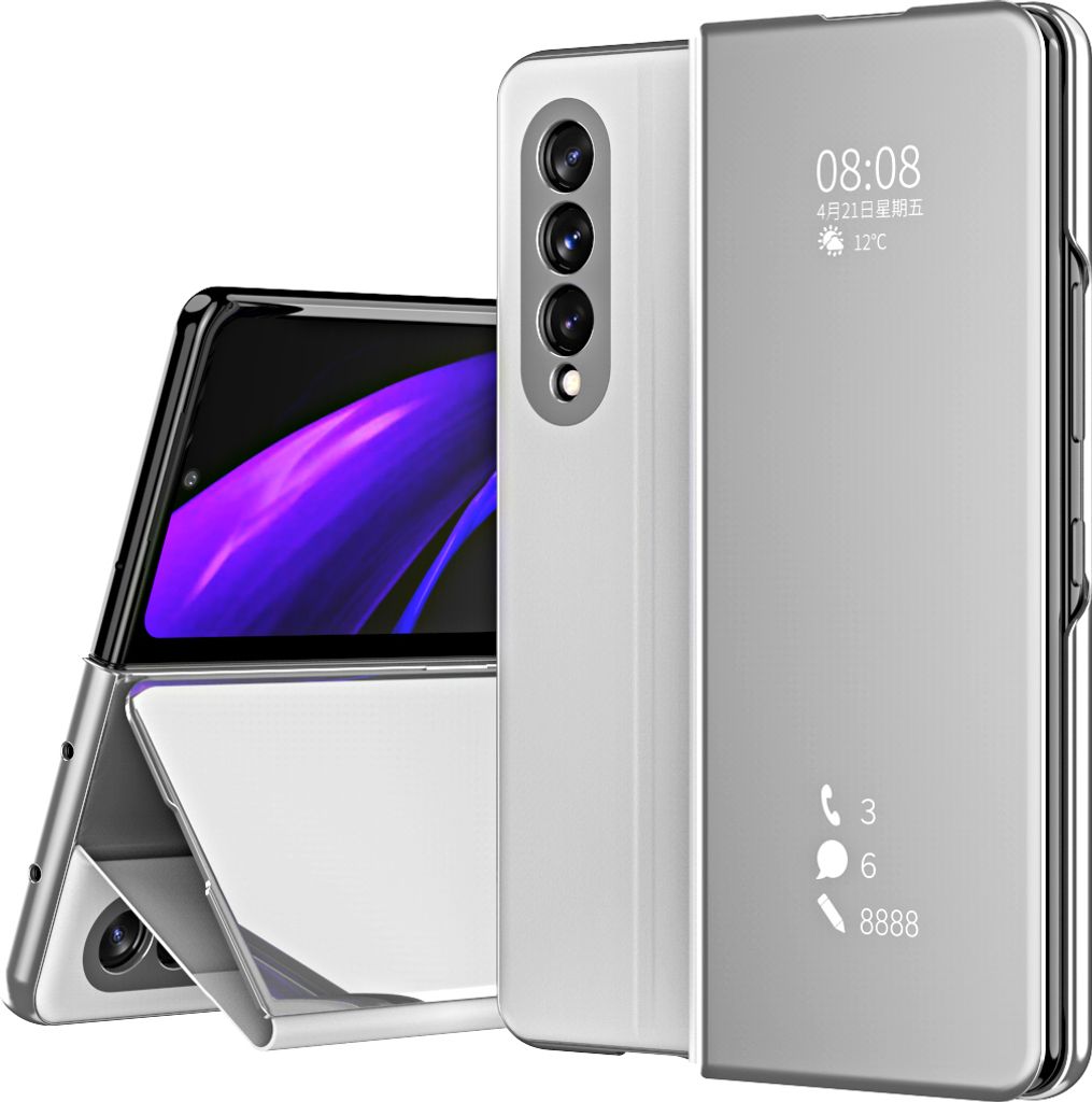 Samsung Galaxy Z Fold 3 5G Hülle, Lichtdurchlässigen Spiegel Abdeckung, Klappetui Kunstleder Schutzhülle für Samsung Galaxy Z Fold 3 5G Silber