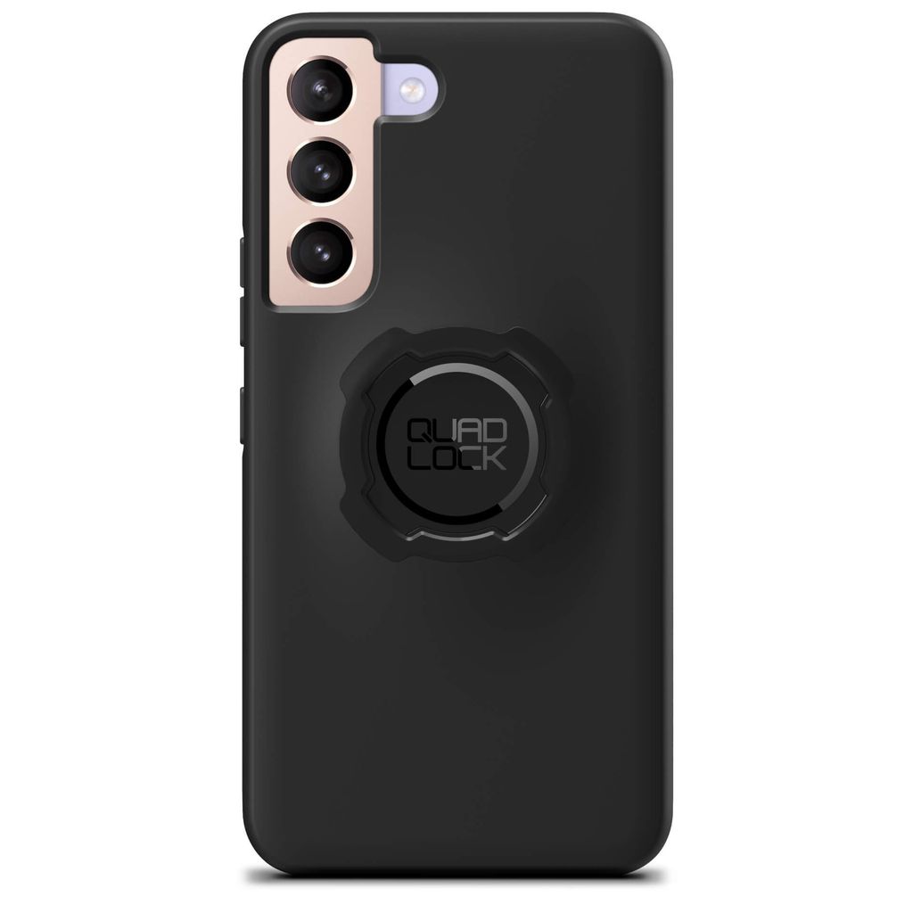 A black phone case with a Quad Lock mount on the back, shown against a white background.
