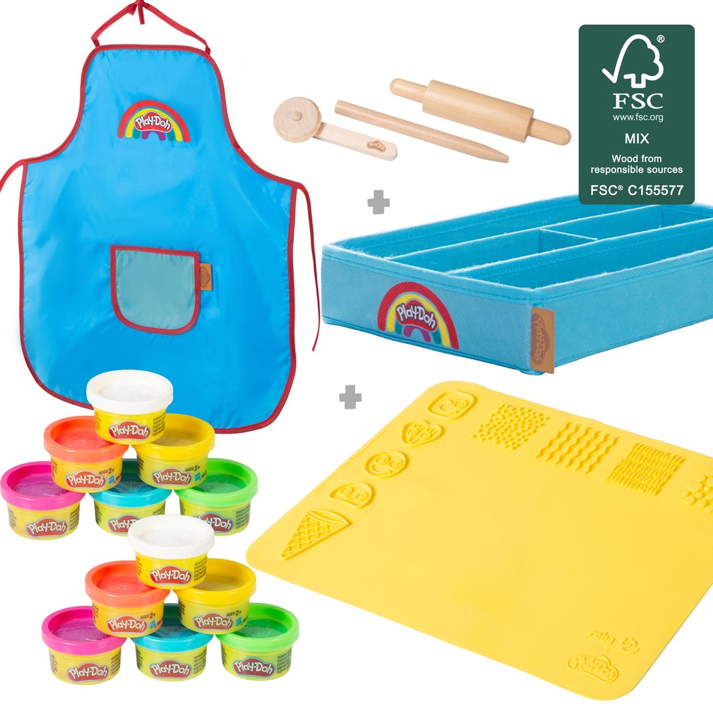 roba x Play-Doh Extra großes Spielset - Knetset mit Canvasbox, 3D-Kreativmatte, 12 Knete & Holzwerkzeugen & Schürze - Kreatives Geschenk ab 3 Jahren