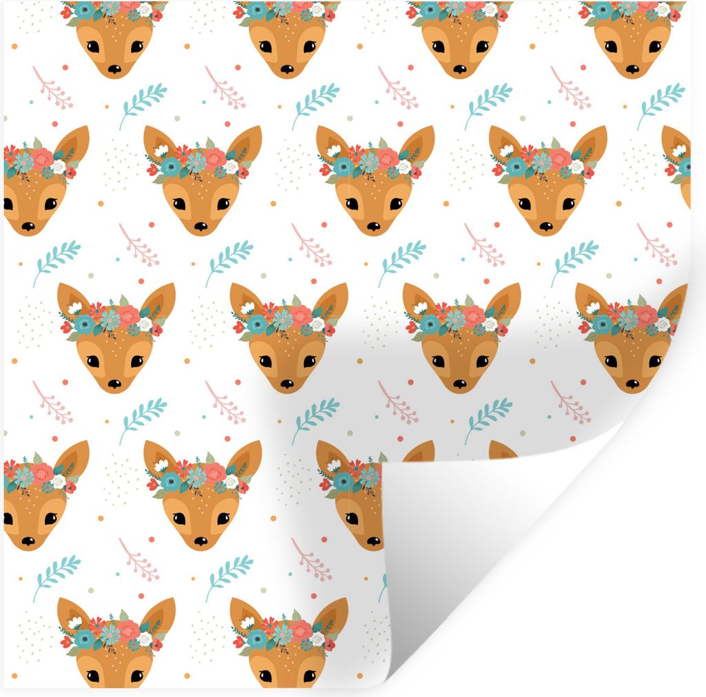MuchoWow Wandtattoo Wandsticker Wandaufkleber Hirsche - Blumen - Blätter - Design 100x100 cm Selbstklebend und Repositionierbar - Wierderverwend...