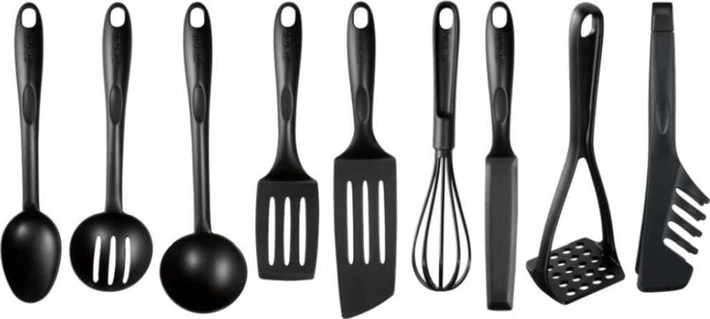 A set of black kitchen utensils arranged in a line against a white background.