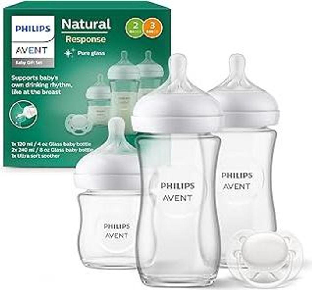 Philips AVENT Babyflaschen aus Glas, Geschenkset für Neugeborene – 3 Babyflaschen Natural Response, ultra soft Schnuller, für Babys von 0–6 M...