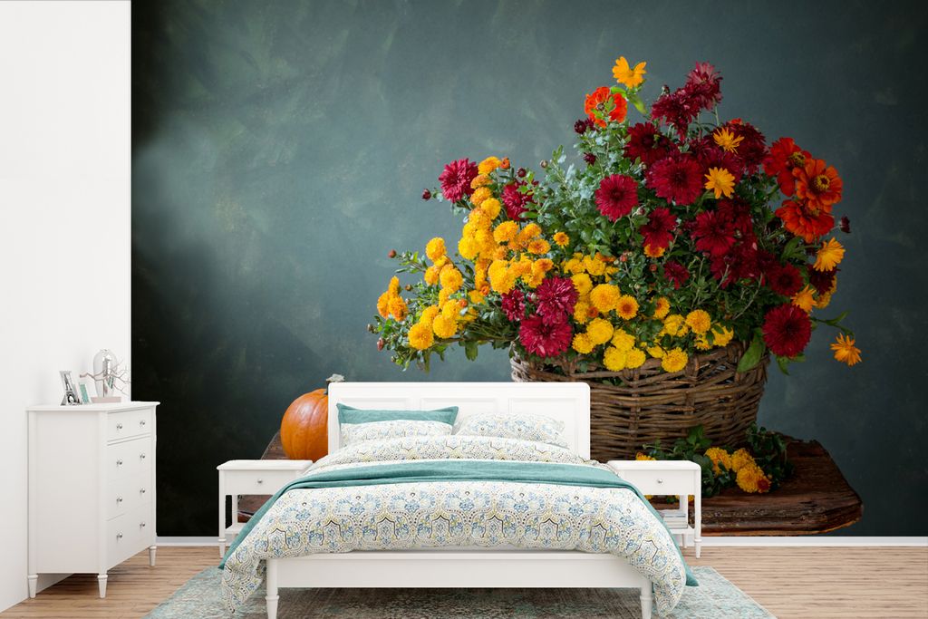 MuchoWow Fototapete für Wohnzimmer oder Schlafzimmer Wandtapete Vinyl Motivtapete Korb - Kürbis - Chrysantheme - 420x280 cm - Zimmer für Kinder