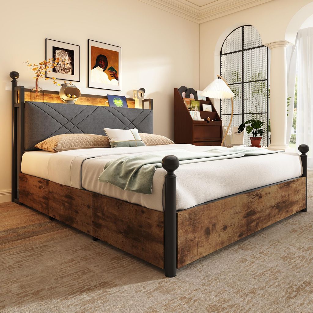 STILVORA Jugendbett 140x190 mit Schublade und Baldachin,Stauraumbett mit LED-Beleuchtung,Eisenbett Bettgestell mit USB-/Typ-C,ohne Matratze,schwarz