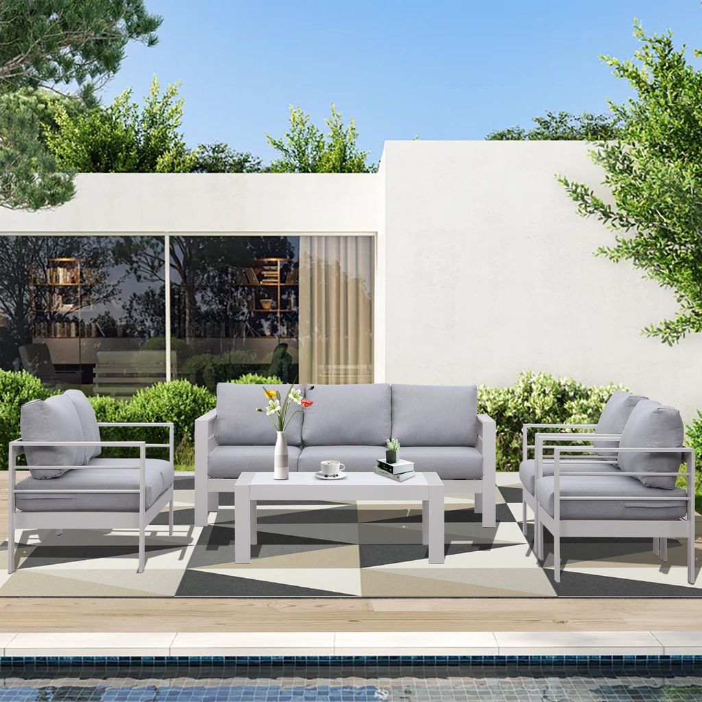 MeXo Gartenmöbelset, Loungeset Aluminium für 6-7 Personen mit Kissen & Couchtisch Indoor Outdoor Balkon Garten Terrasse (Sitzgruppe, Aluminiumrah...