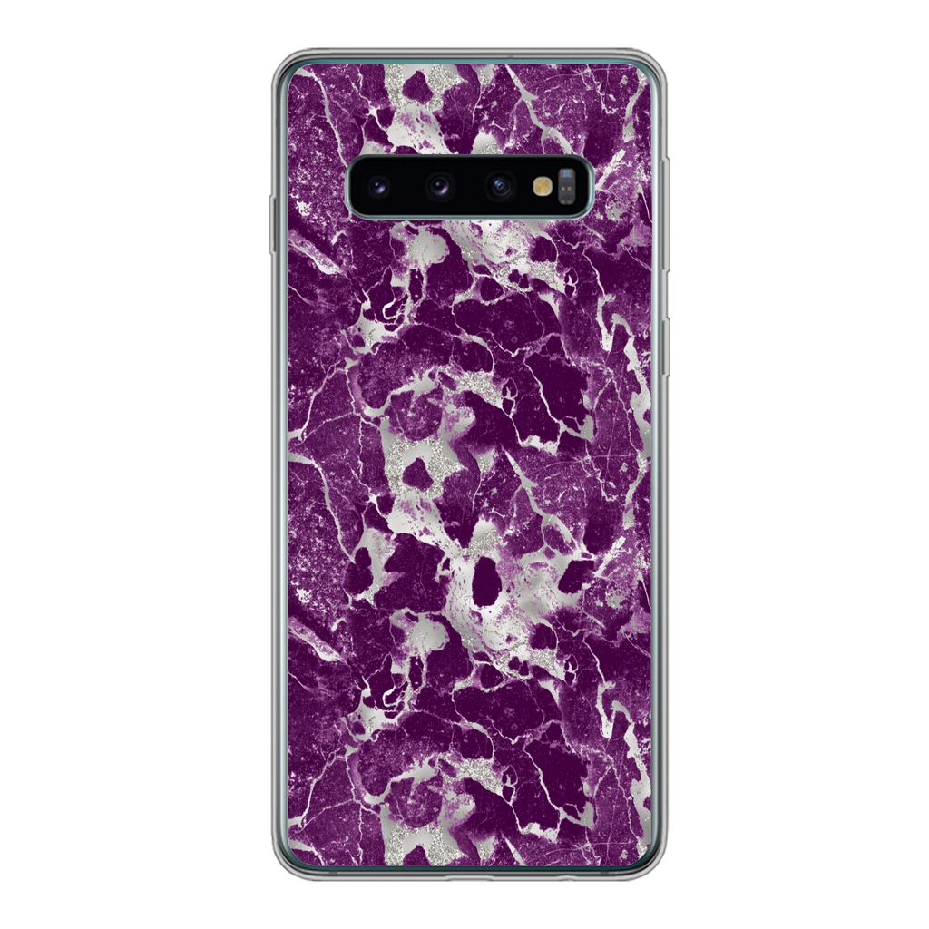 MuchoWow Handyhülle Schutzhülle Hülle für Samsung Galaxy S10 Marmor - Glitter - Lila - Muster Silikon Softcase Handy Hülle - Handytasche