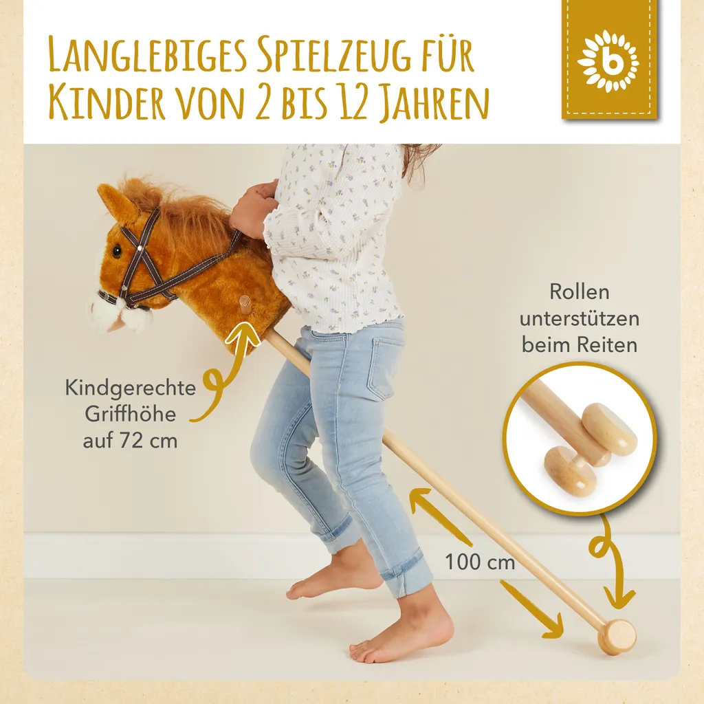 Hobby Horse Cheval à bâton en bois marron avec roulettes pour le galop