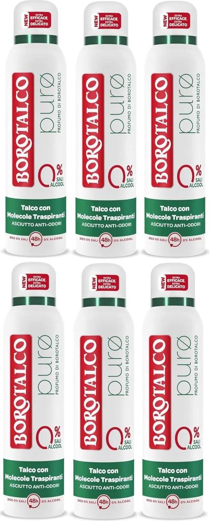 Borotalco Deodorante Spray Puro mit Talk atmungsaktiven Molekülen ohne Aluminium & Alkohol 48h wirksam 6x 150ml