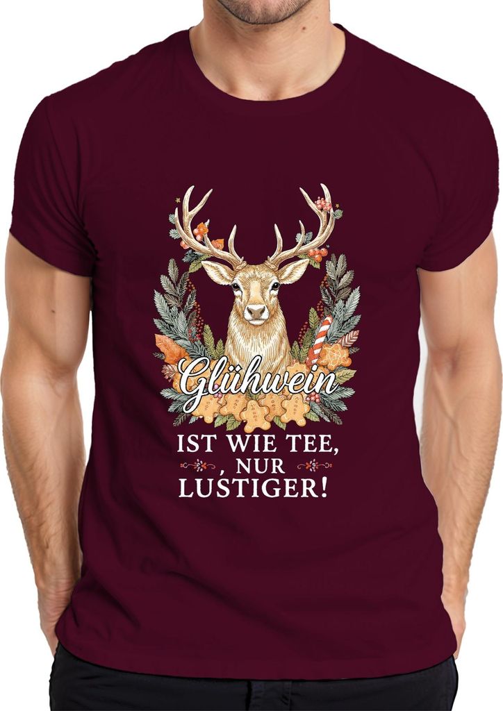Glühwein ist wie Tee nur viel lustiger Weihnachten Retro Hirsch Herren T-Shirt, Burgundy, L
