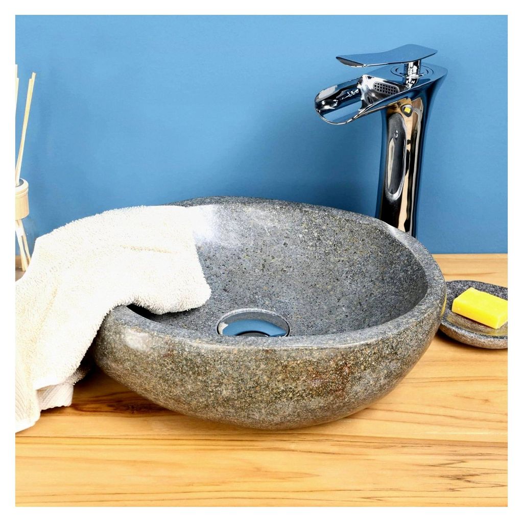 35 cm ovales Naturstein-Waschbecken aus grauem Flussstein, außen poliert