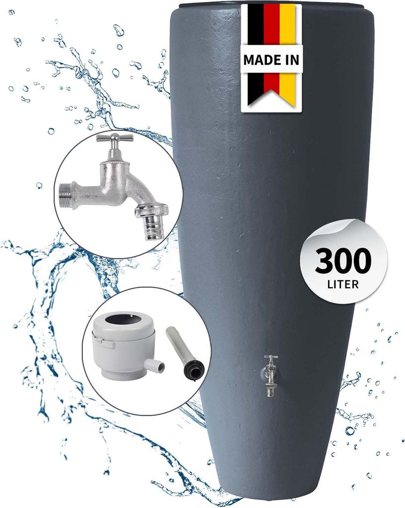 GARANTIA 2in1 Wasserbehälter Komplett-Set 300 Liter graphite grey inkl. Chrom-Auslaufhahn und Fallrohranschluss