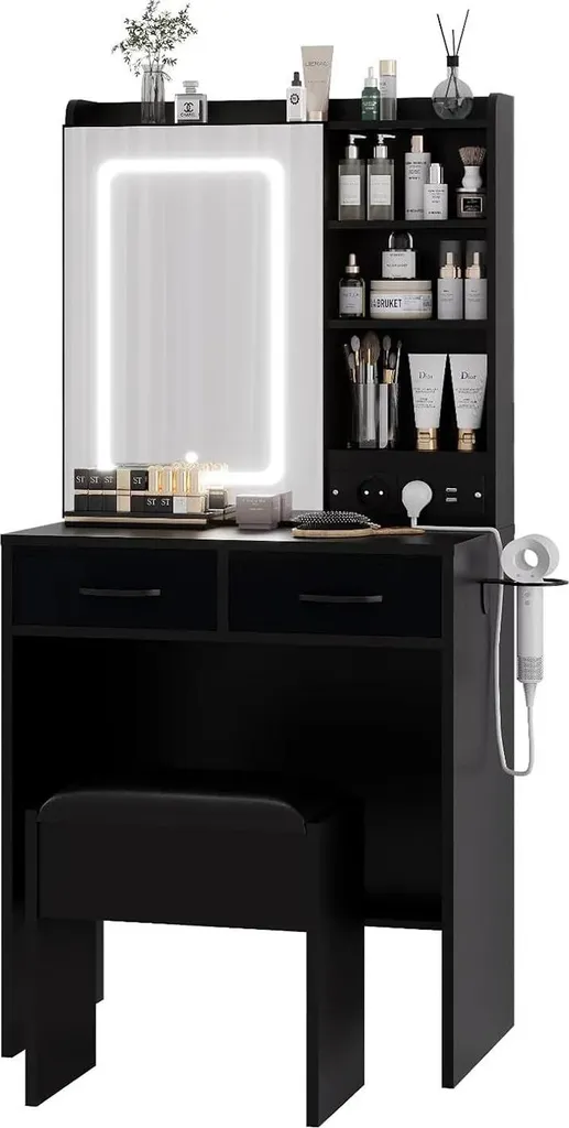 Coiffeuse LED Compacte avec Chargeur USB et Rangement - Noir - Pack Complet