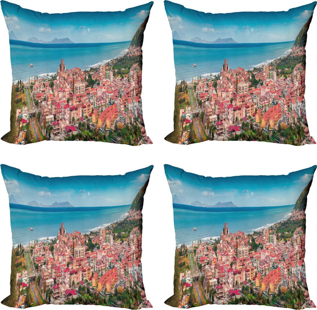 ABAKUHAUS Sizilien Kissenbezug Set (4 Stück), Brolo Stadt Luftaufnahme, Moderner Doppelseitiger Digitaldruck, 60 cm x 60 cm, Mehrfarbig