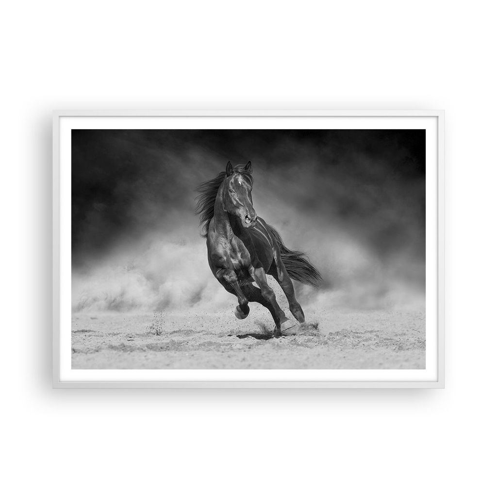 Gerahmtes Poster - Weißer Rahmen - Pferd Galopp dynamisch - 100x70 cm - Wand Bild - Wanddeko - Wandbilder - Kunstposter - Wandposter - Bilderrahme...