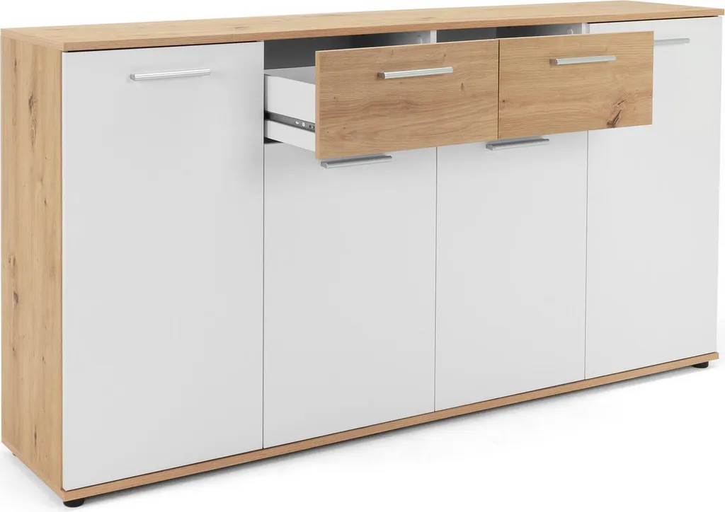 Buffet bas Jacklin Chêne Artisan Blanc - Meuble de Rangement 160 cm - 4