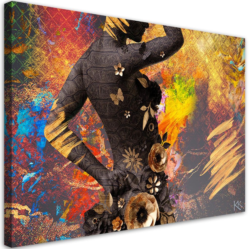 Leinwandbild Afrikanerin Blumen Abstraktion 90x60 Feeby Gelb bild für die wand bereit zum aufhängen
