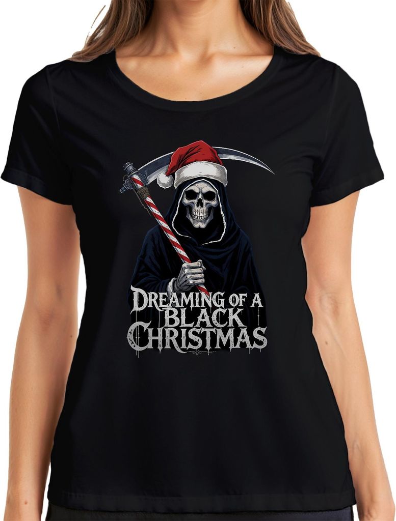 Black Christmas Reaper Santa Skull Scythe Candy Cane Gothic Damen T-Shirt, Schwarz, M