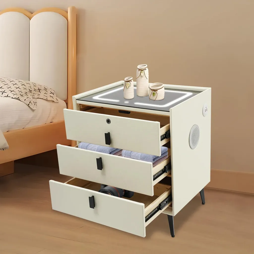 Commode de nuit connectée avec 3 tiroirs et port de charge USB Beige