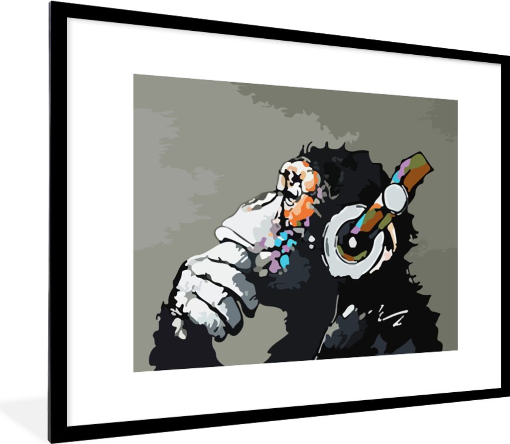 MuchoWow Gerahmtes Poster Gemälde - Ölgemälde - Affe - Kopfhörer 80x60 cm - Poster mit Schwarzem Bilderrahmen Wandposter Rahmen Foto Bilder -...