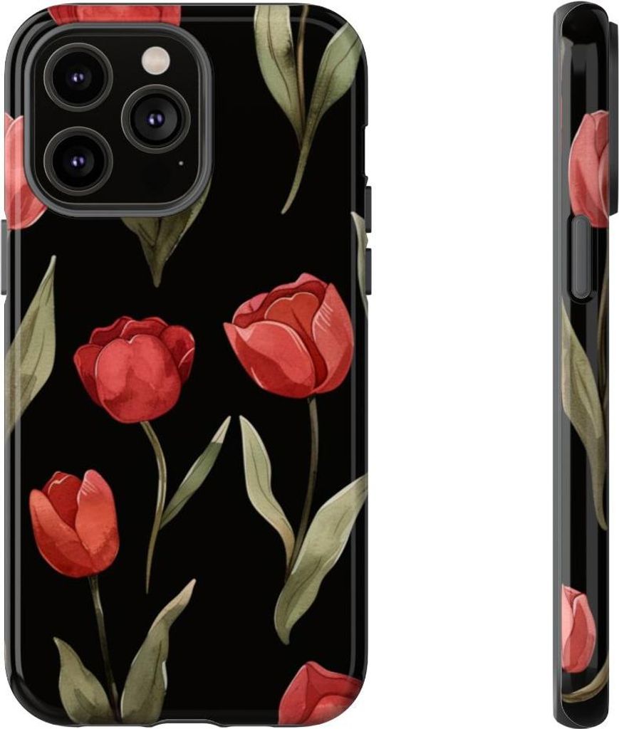 Rote Tulpen auf schwarzem Hintergrund – Hülle Kompatibel mit iPhone 14 Pro Max