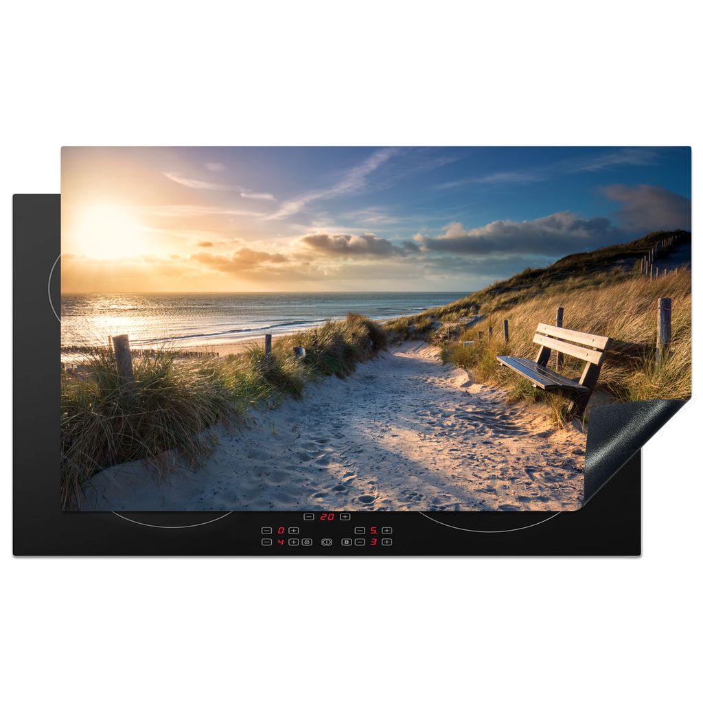 KitchenYeah Herdabdeckplatte Sonnenuntergang - Strand - Düne - Gras - Bank , 89x51cm, Küche Deko, Glaskeramikkochfeld Herdabdeckung, Abdeckplat...