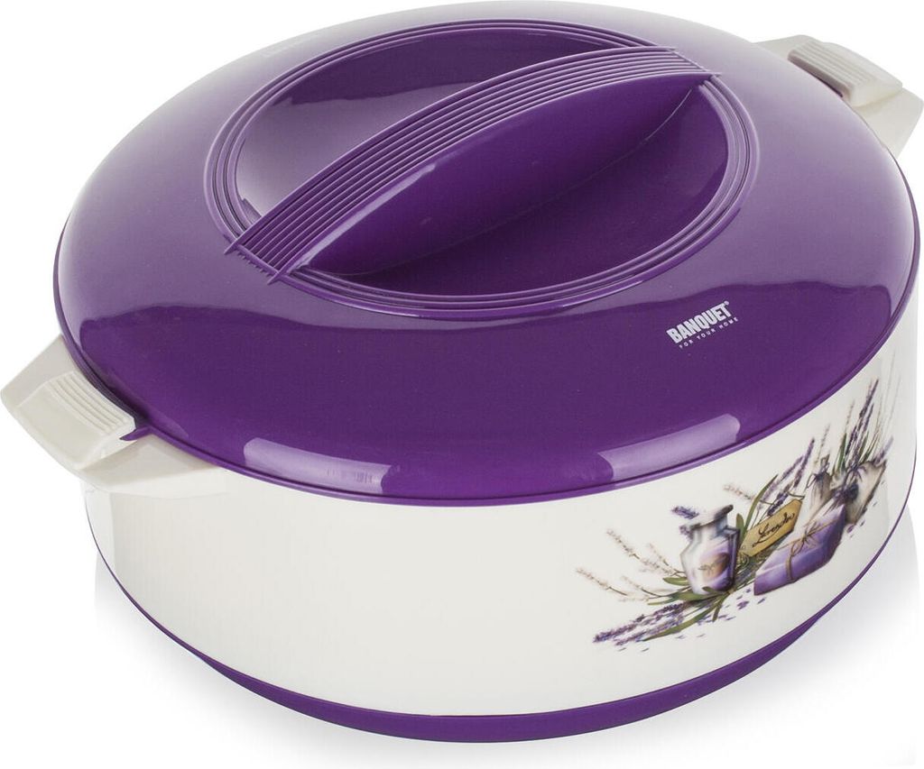 A purple and white insulated food container with a floral design.