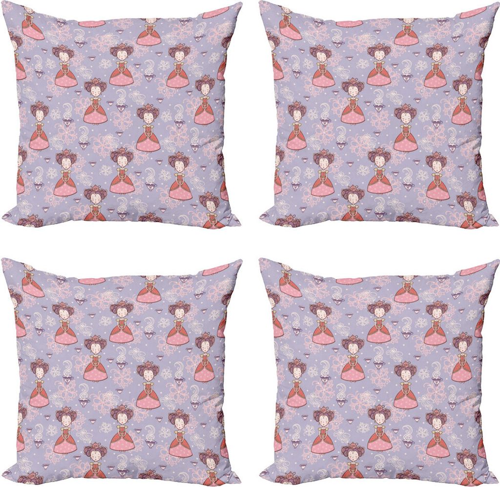 ABAKUHAUS Tee-Party Kissenbezug Set (4 Stück), Princess Cups, Moderner Doppelseitiger Digitaldruck, 40 cm x 40 cm, Lila Rosa Coral
