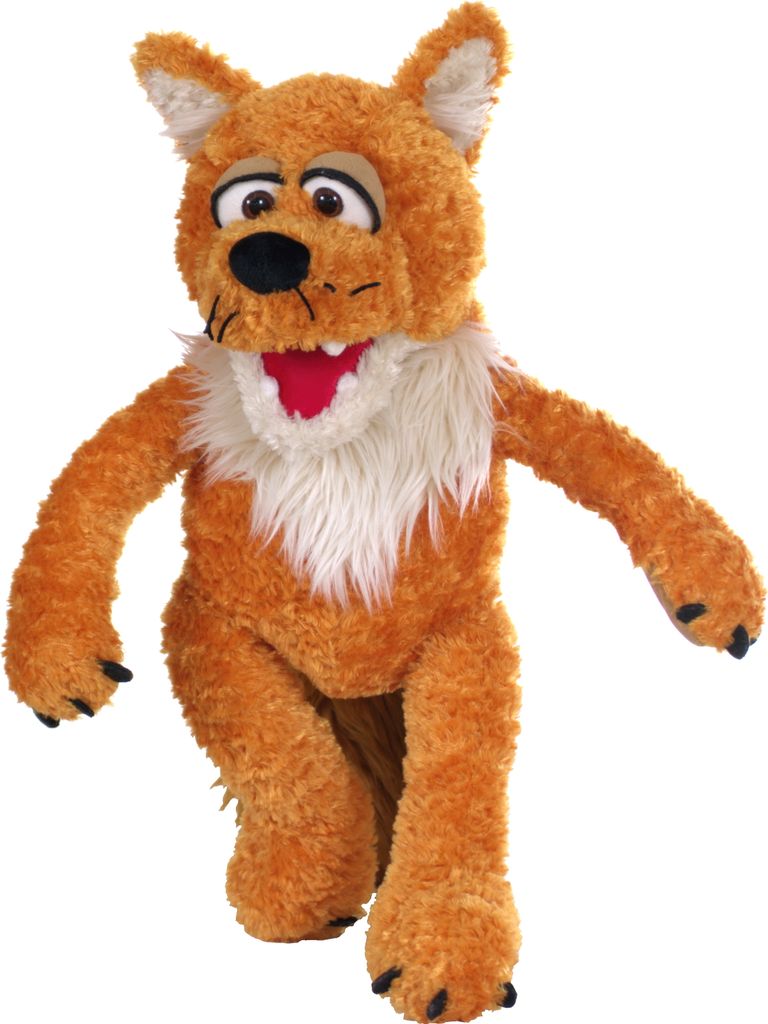 A stuffed fox puppet is shown against a white background.