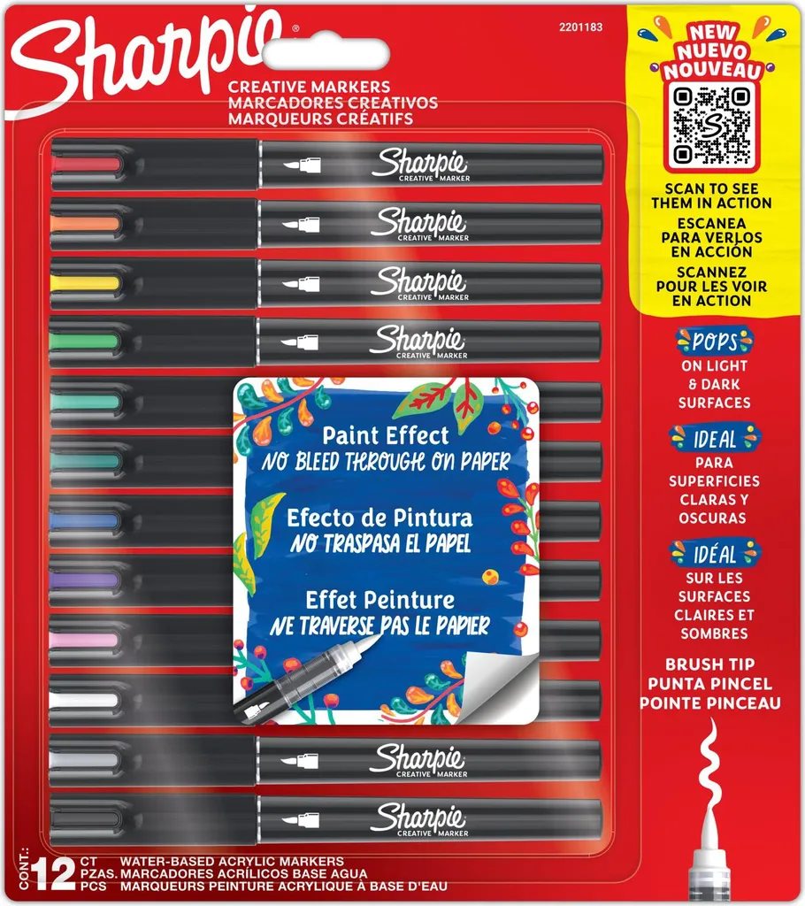 Marqueurs acryliques Sharpie pointe pinceau lot de 12 feutres peinture
