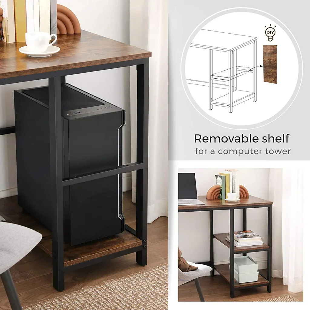 Bureau d'angle Fabrice 138cm marron rustique et noir avec 2 tablettes - 6