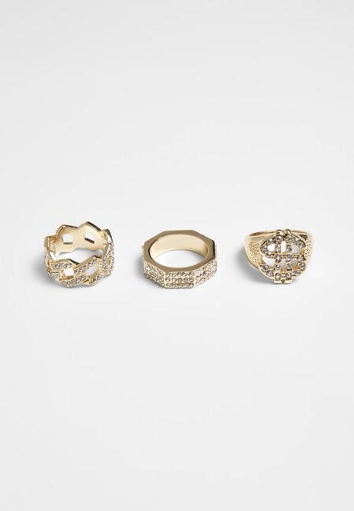 3-teiliges goldfarbenes Schmuck-Set S/M mit Dollar- und Kronen-Ringdesign, Strass besetzt
