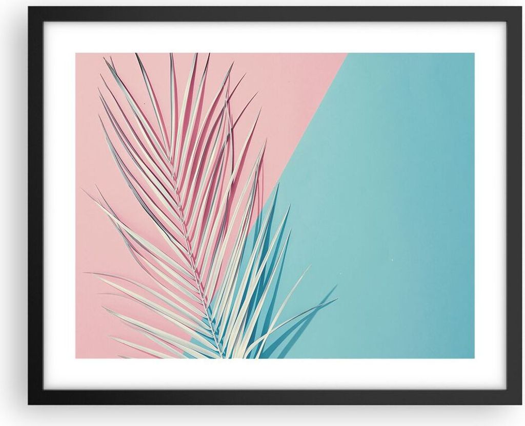 Gerahmtes Poster - Schwarzer Rahmen - Blatt Rosa Türkis - 50x40 cm - Wand Bild - Wanddeko - Wandbilder - Kunstposter - Wandposter - Bilderrahmen -...