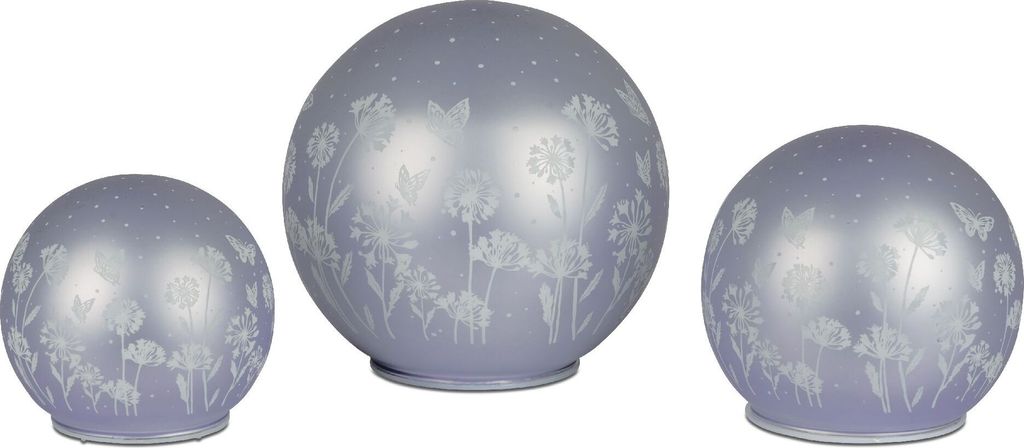 3er Set LED Kugellampen BLUMENWIESE 10 + 12 + 15cm lila mit Timer Formano F25