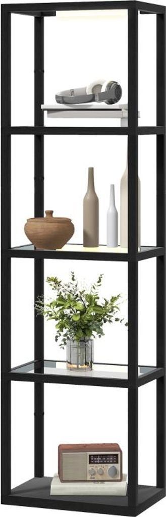 Fortuna Lai LED-Stehlampe mit 4-stufigem Regal, Leuchtregal mit 4 Glasfächern, Fußschalter, MDF, Schwarz