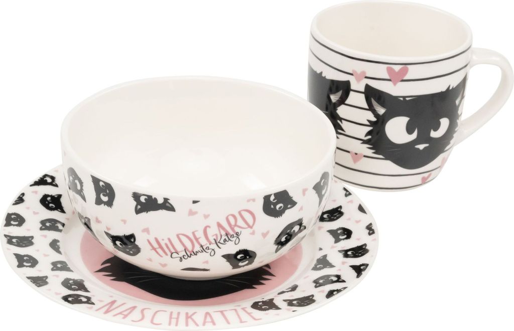 Ralf Schmitz Frühstücksset - Hildegard Katze Geschirr Set 3-teilig Teller, Schale & Tasse aus Porzellan Weiß