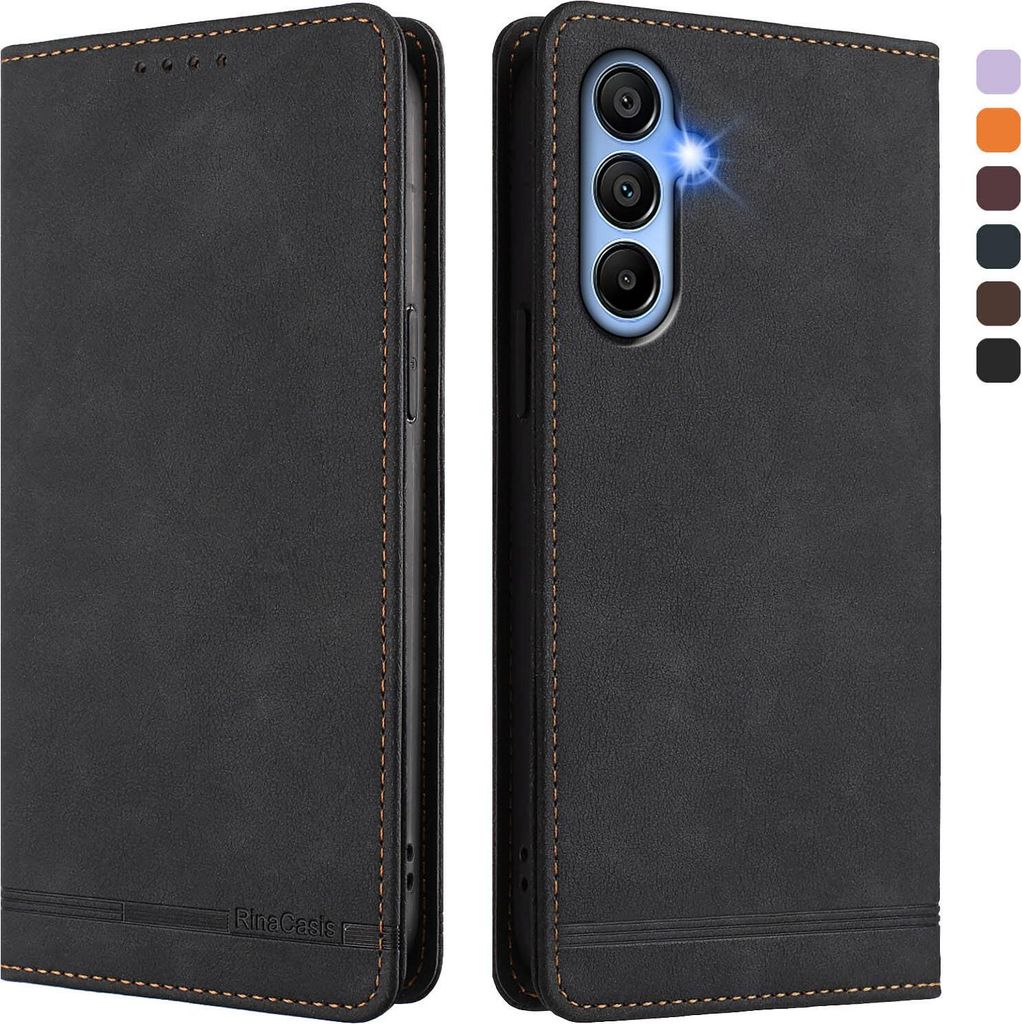 Hülle für Samsung Galaxy A15 5G/4G, Retro Kunstleder Ständer Klapphülle mit Kartenfächer und Magnetische Schwarz