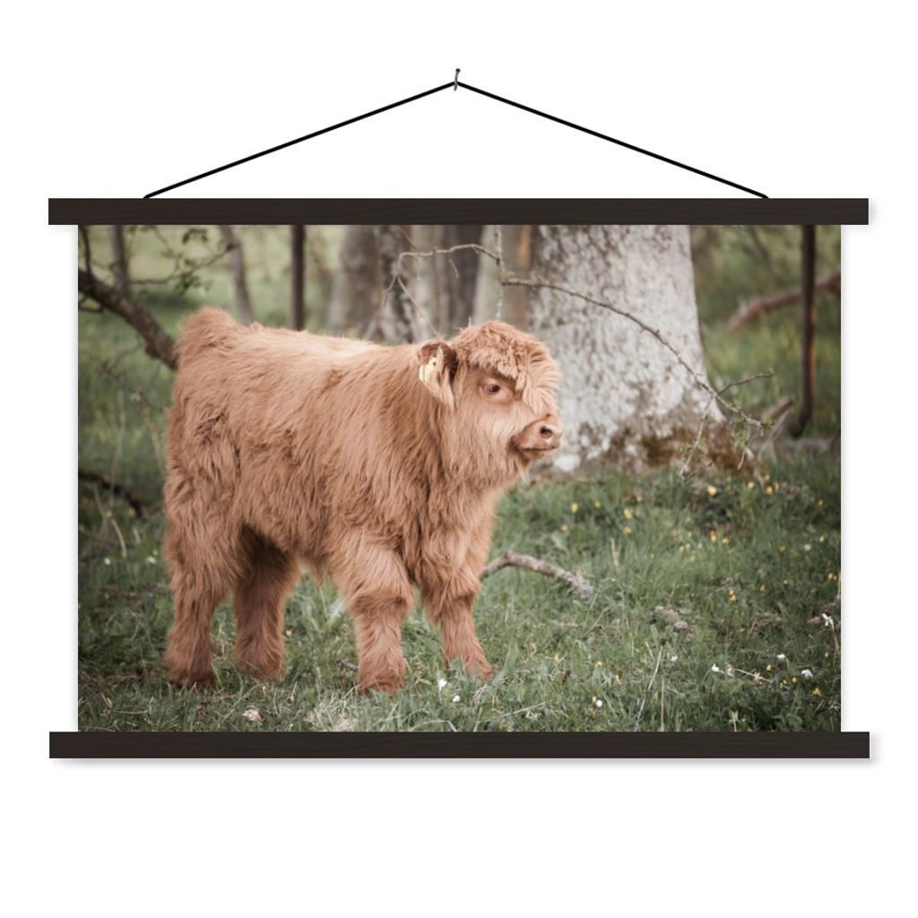 MuchoWow Textilposter Schottischer Highlander - Licht - Wald 90x60 cm mit schwarzem Rahmen - Aufhängungssatz