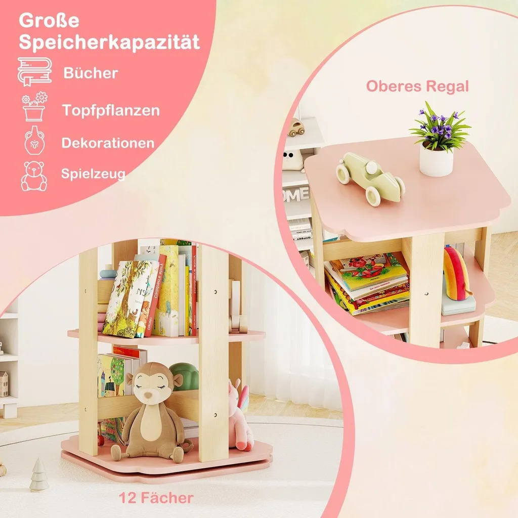 Bibliothèque enfant rotative gain de place rose pour ranger 12 sections - 3