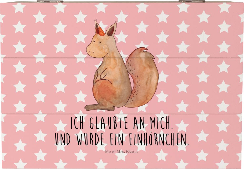 Mr. & Mrs. Panda Truhe Einhorn Glauben 22 x 15 cm - Rot Pastell - Geschenk, Holzkiste, Unicorn, Einhörner, Box, Eichhorn, geschenkkiste, Aufbewahr...