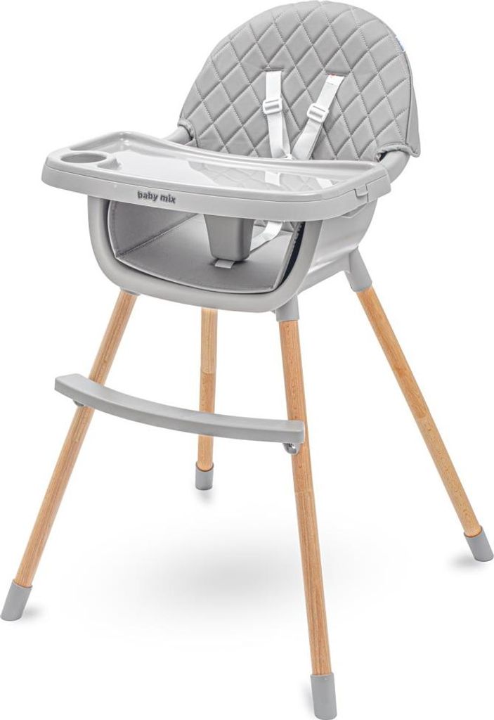 A high-chair for babies, with a grey seat and wooden legs, on a white background.